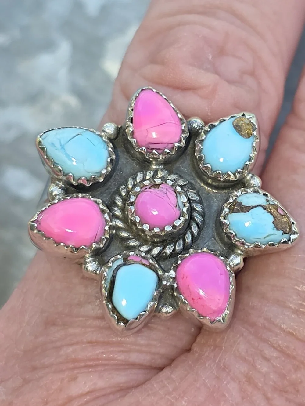 Cotton Candy Turquoise Gemstone Ring In 925 Sterling Silver (Adjustable)